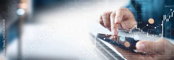 Fototapeta Fiancial account, budget and tax management concept. Business, finance and investment. Businessman analyzing market data, financial graph report, business strategy, planning and solution