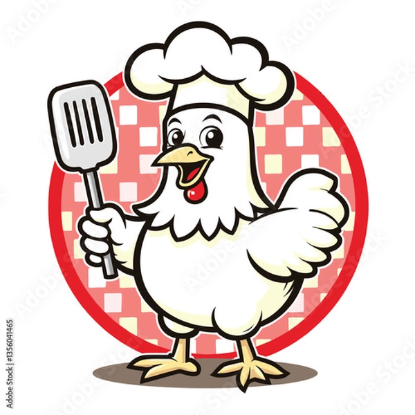 Obraz A friendly cartoon chicken mascot logo featuring a chef chicken with a spatula, perfect for restaurant branding and food-related vector illustrations.
