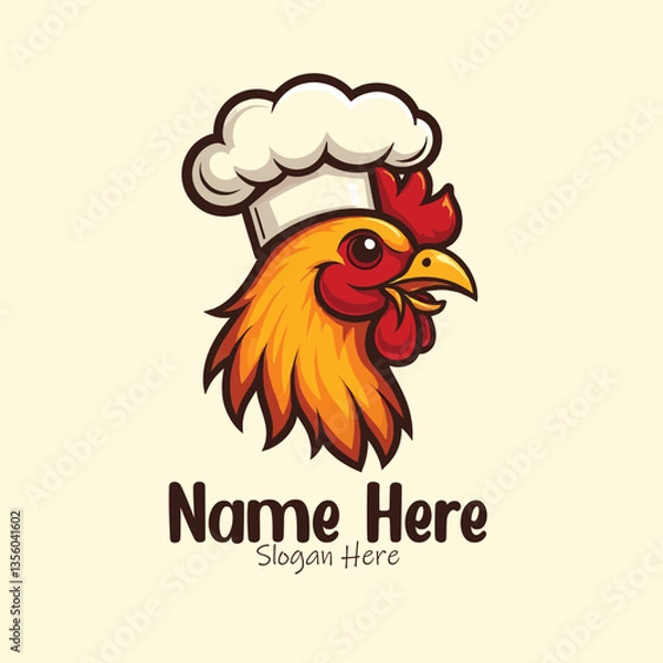 Obraz A friendly cartoon chicken mascot logo featuring a chef chicken with a spatula, perfect for restaurant branding and food-related vector illustrations.