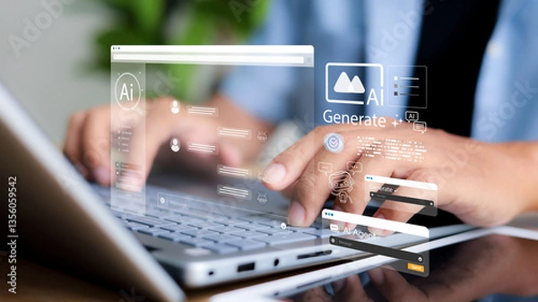 Fototapeta Chat with AI or Artificial Intelligence. Young businessman chatting with a smart AI or artificial intelligence using an artificial intelligence chatbot developed by OpenAI.