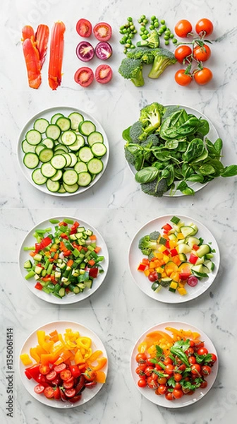 Fototapeta Recipe book layout showing step-by-step vegetable prep in vertical flat lay, ideal for instructional visuals