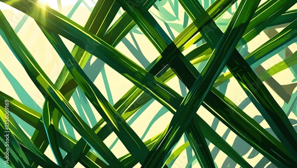 Fototapeta A close-up view of interwoven green palm leaves forming a closely crisscross pattern, illuminated by sunlight. The vibrant green hues contrast with the soft yellow background