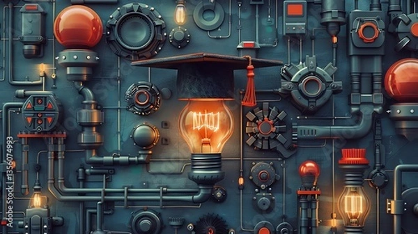 Fototapeta Steampunk Lightbulb with Graduation Cap on Pipes and Gears
