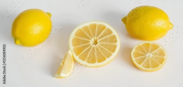 Obraz Arrangement of Fresh Yellow Lemons with Slices on White Background