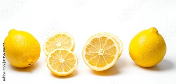 Obraz Fresh Lemon Still Life Featuring Whole and Sliced Lemons on White