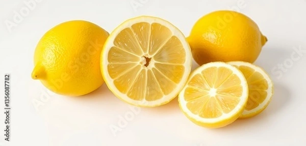 Obraz Arrangement of Fresh Yellow Lemons Whole Half and Sliced on White