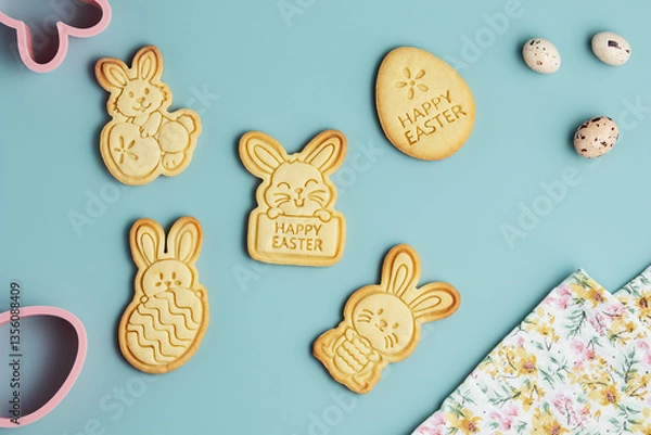 Fototapeta Shortbread cookies in the form of an Easter bunny  with easter egg, pink cookie cutters and floral print textile napkin on the blue background. Holiday pastry