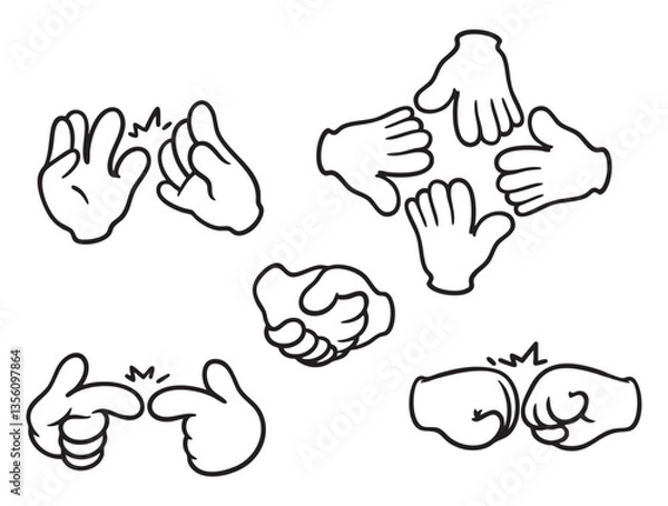 Fototapeta Set of Hands Together Symbol in various poses Teamwork and Cooperation Partnership Handshake, Meeting Sign with hand-drawn vector illustrations. Doodle line art style, isolated and easy to use for cre