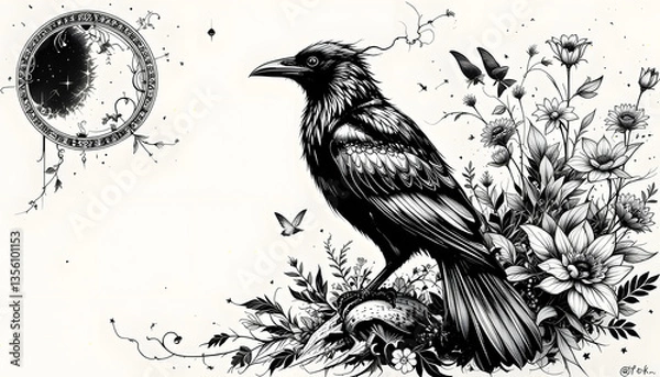 Obraz A black and white tatto design, illustration of a crow