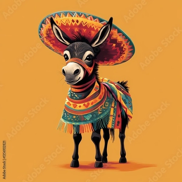 Obraz Cute donkey dressed in colorful traditional attire with a sombrero against a vibrant orange background
