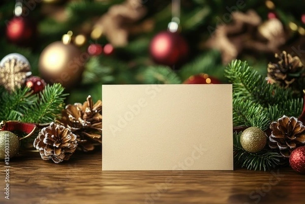 Fototapeta Vibrant Color Image of Mockup Empty Card on Wooden Table with Christmas Decoration Background