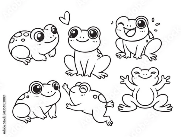 Fototapeta Set of cute frogs in various poses with hand-drawn vector illustrations. Doodle line art style, isolated and easy to use for creative projects and designs.