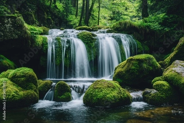 Fototapeta Lush Forest Waterfall Cascading Over Mossy Rocks