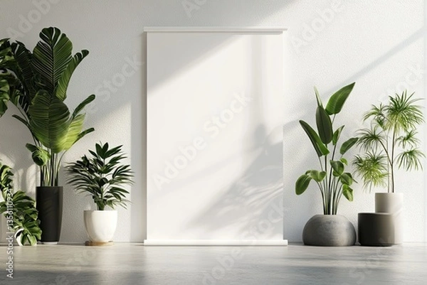 Fototapeta Sharp Image of Roll Up Banner Mockup with Plants in Minimalist Space