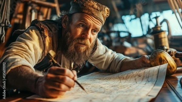 Fototapeta Navigator Plots Course on Ancient Ship with Map and Tools