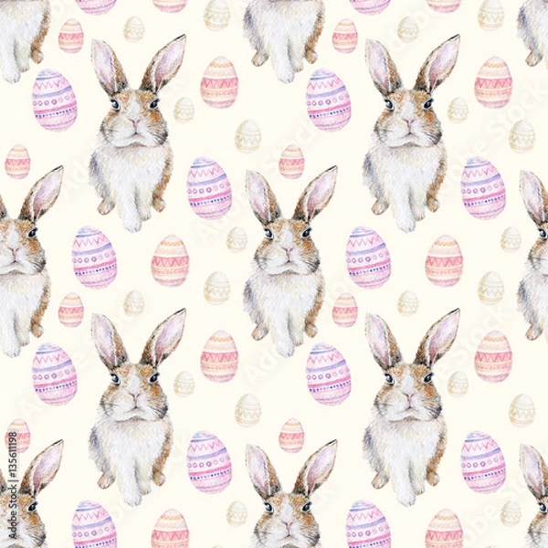 Fototapeta Watercolor seamless Easter pattern with bunnies and colored eggs. Repeating background  with rabbits isolated on white.