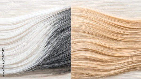 Fototapeta A stunning display of hair strands showcasing contrasting colors of blonde and black on a smooth background.
