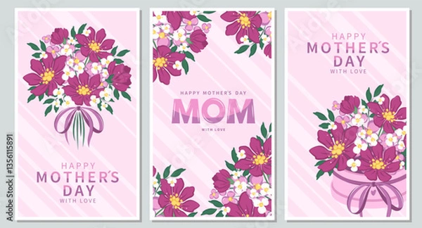 Fototapeta Mother's Day cards set. Spring summer floral design. Vector illustration for banner, poster, label, template, sale.