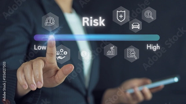Fototapeta Risk assessment and management concept, Business Woman touch on Low levels of risk management, Evaluation measure analytics technology