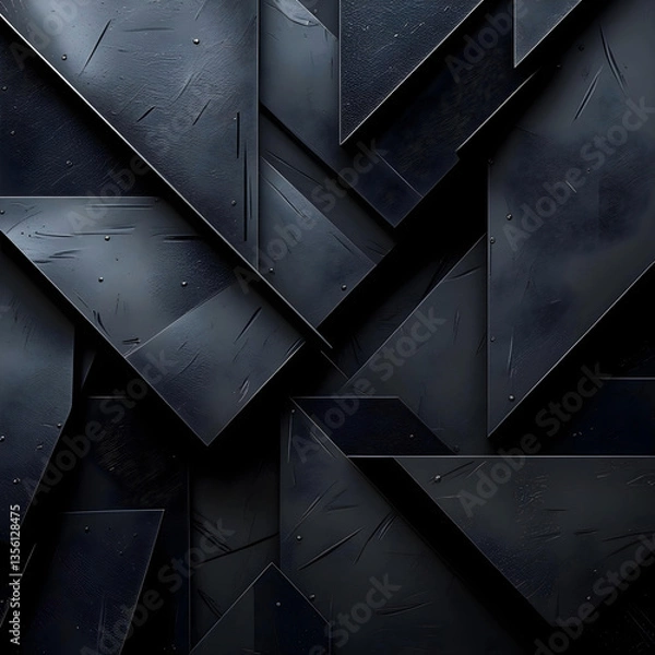 Fototapeta A dark, abstract geometric background featuring overlapping textured metallic panels in shades of black and gray. The composition has a rugged, industrial feel with subtle lighting