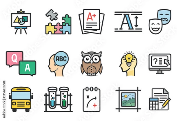 Fototapeta A set of icons for a school or educational setting. The icons include a school bus, a book, a computer, a clock, a pencil, a calculator, a ruler, a piece of paper, a piece of chalk