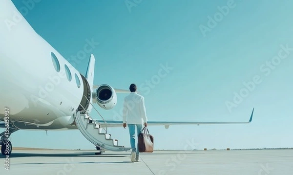 Fototapeta A private plane or jet with the lowered stairs stands at an empty airport, a person with a bag walking toward the plane, a traveler, epic luxury air transport, AI generated