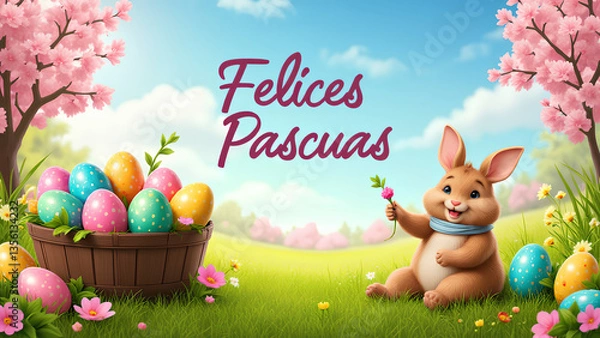 Obraz Eine wunderschöne Frühlingslandschaft mit bunten Blumen und saftig grünem Gras. In der Mitte ein großer Korb voller bunter Ostereier. Auf Spanisch steht " Felices Pascuas" . KI Generated