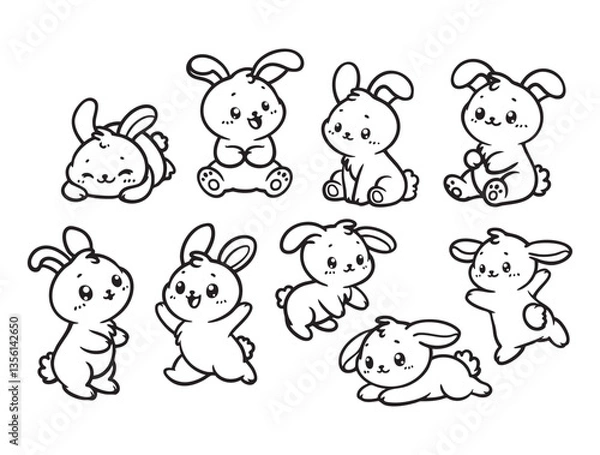 Fototapeta Set of cute rabbits in various poses with hand-drawn vector illustrations. Doodle line art style, isolated and easy to use for creative projects and designs.
