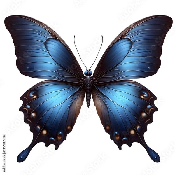 Obraz A dark blue flying butterfly isolated on white background 