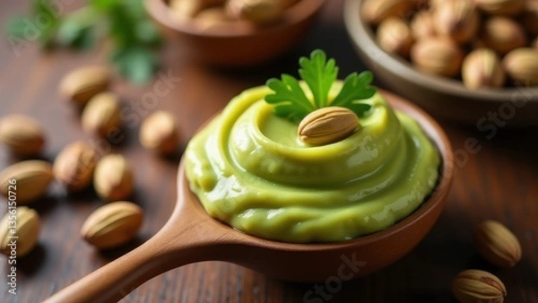 Fototapeta Creamy pistachio paste served on a wooden spoon with parsley and whole pistachios on rustic table background. Natural food, organic ingredients, vegan concept.