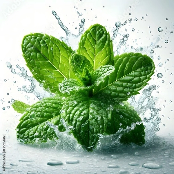 Obraz A fresh mint leaves with splashing water drops isolated on white background