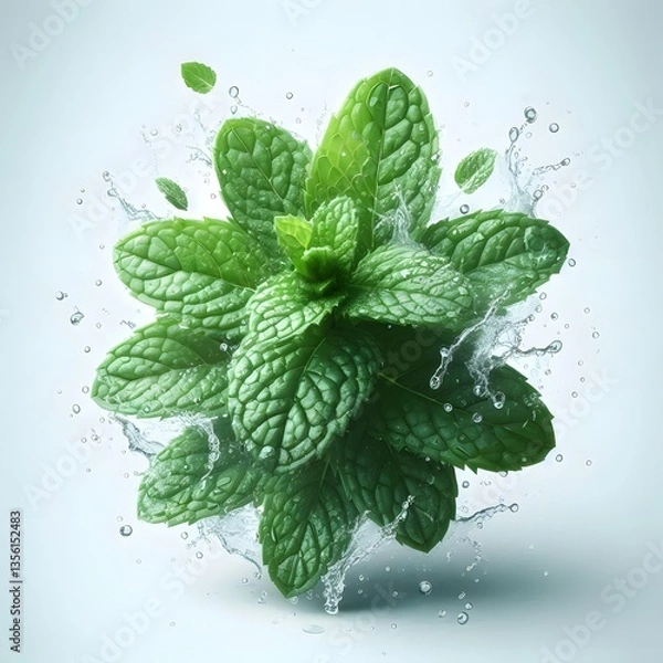 Obraz A fresh mint leaves with splashing water drops isolated on white background