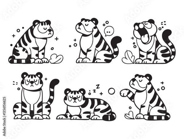 Obraz Set of cute tigers in various poses with hand-drawn vector illustrations. Doodle line art style, isolated and easy to use for creative projects and designs.