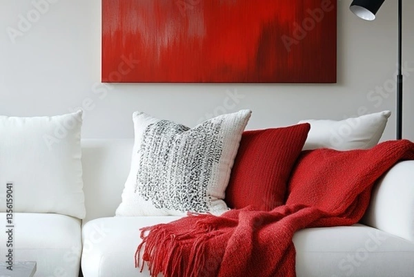 Obraz Red Throw on White Sofa in Modern Living Room