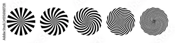 Obraz Black and white spiral illusion background. Circus backdrop. Abstract hypnotic radial patterns with optical distortion and twisted vortex effect. Dynamic graphic vector illustrations set.