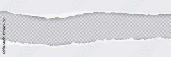 Obraz Horizontal torn white paper page with ripped edges isolated on transparent background. Textured ripped page for creative design, banners, overlays in media projects. Realistic vector illustration.