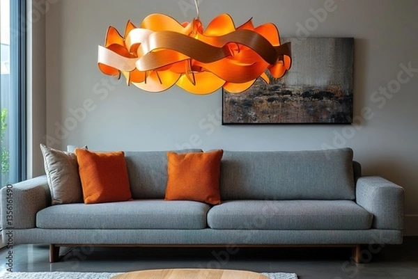 Obraz Orange lamp above grey scandinavian sofa in modern interior