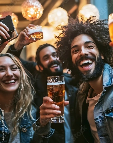 Fototapeta Happy Diverse Friends Toasting with Beer in a Pub