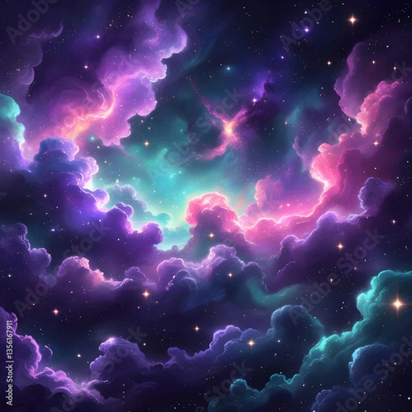Fototapeta A mesmerizing cosmic nebula filled with vibrant hues of purple, pink, and teal, scattered with countless stars. The swirling clouds of interstellar gas and dust create a dreamy.