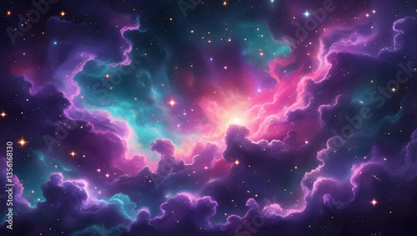 Fototapeta A mesmerizing cosmic nebula filled with vibrant hues of purple, pink, and teal, scattered with countless stars. The swirling clouds of interstellar gas and dust create a dreamy.