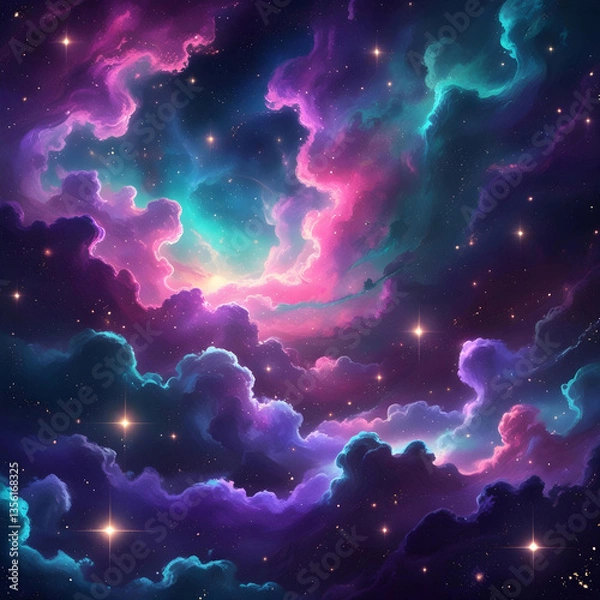 Fototapeta A mesmerizing cosmic nebula filled with vibrant hues of purple, pink, and teal, scattered with countless stars. The swirling clouds of interstellar gas and dust create a dreamy.