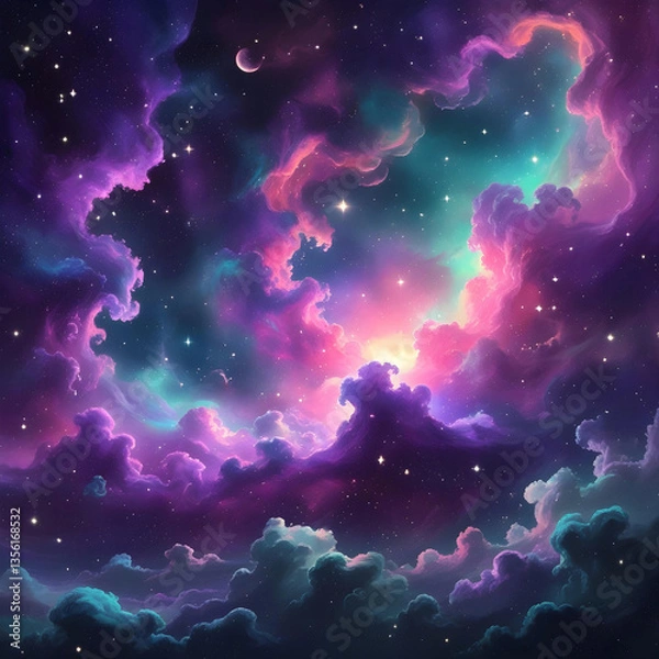 Fototapeta A mesmerizing cosmic nebula filled with vibrant hues of purple, pink, and teal, scattered with countless stars. The swirling clouds of interstellar gas and dust create a dreamy.