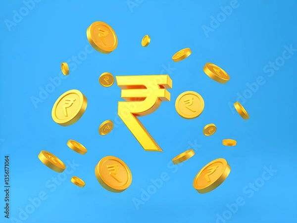 Fototapeta 3d rendering of falling gold indian rupee coins on blue background
