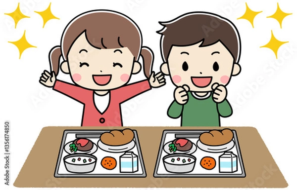 Obraz 給食を食べる元気な元気な子供たちのイラスト