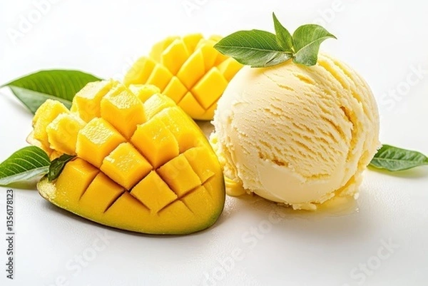 Fototapeta Fresh and Creamy Mango Ice Cream with Ripe Sliced Mango on White Background