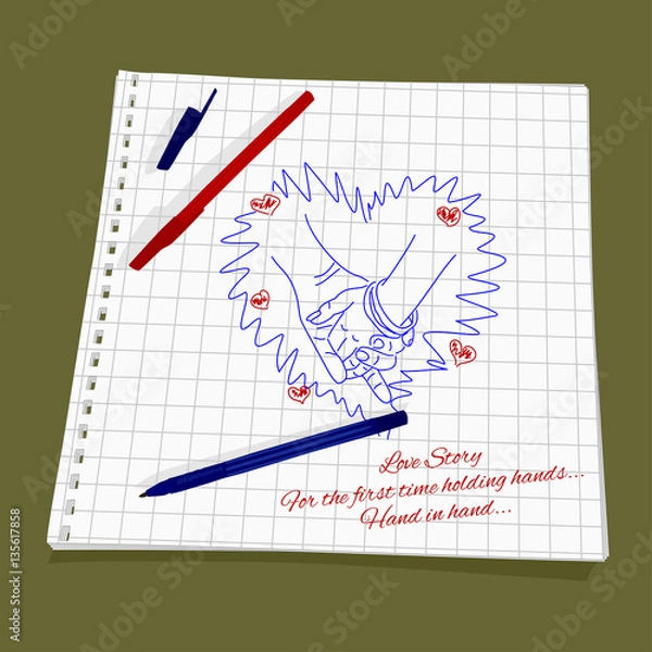 Fototapeta Love Story - holding hands. Vector illustration  of a  loving couple holding hands. Cute Romantic simple drawing a red and blue ballpoint pen on squared paper - man's hand taking woman's hand