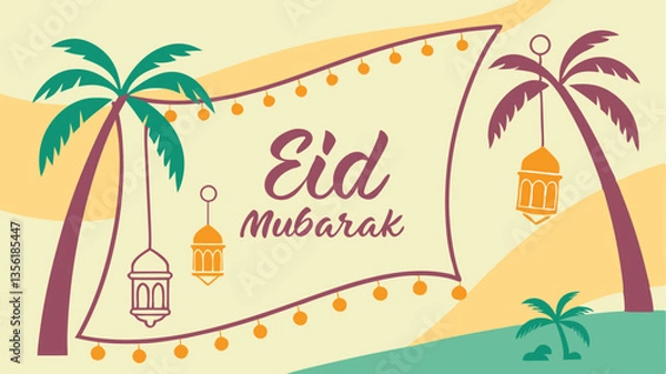 Fototapeta Eid Mubarak Banner Featuring Traditional Date Patterns and Palm Tree Designs