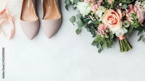 Obraz Bridal Wedding Mockup: Accessories and Shoes on White Background with Copy Space