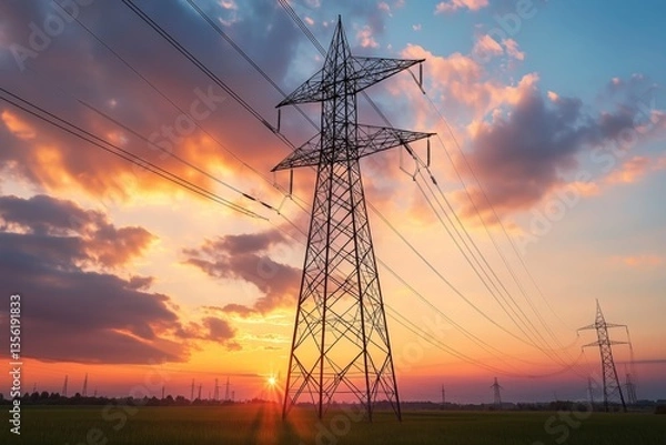 Obraz Sunset view of a standard transmission tower for overhead electricity lines