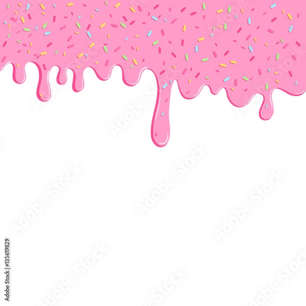 Fototapeta Background with pink donut glaze. Many decorative sprinkles. Easy to change colors. Pattern design for banner, poster, flyer, card, postcard, cover, brochure. Vector illustration